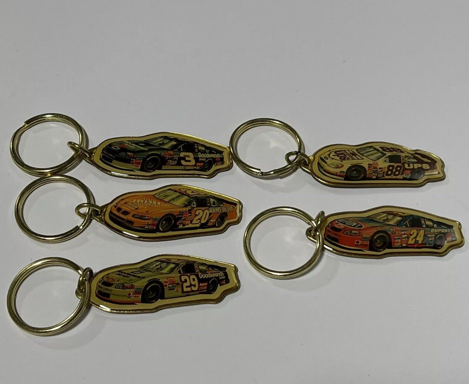5 Nascar Cars Vintage Keychains Souvenirs Gold Tone