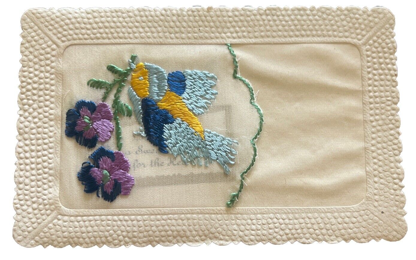 Embroidered Silk With Card Insert Postcard Handcrafted In France c1915 Bluebird