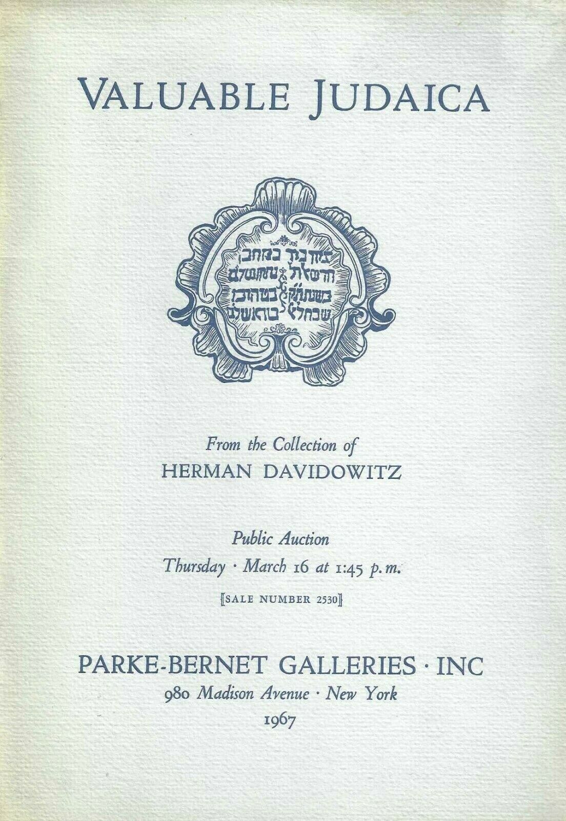 Herman Davidowitz Collection of Judaica, Parke-Bernet, N.Y.C., March 16, 1967