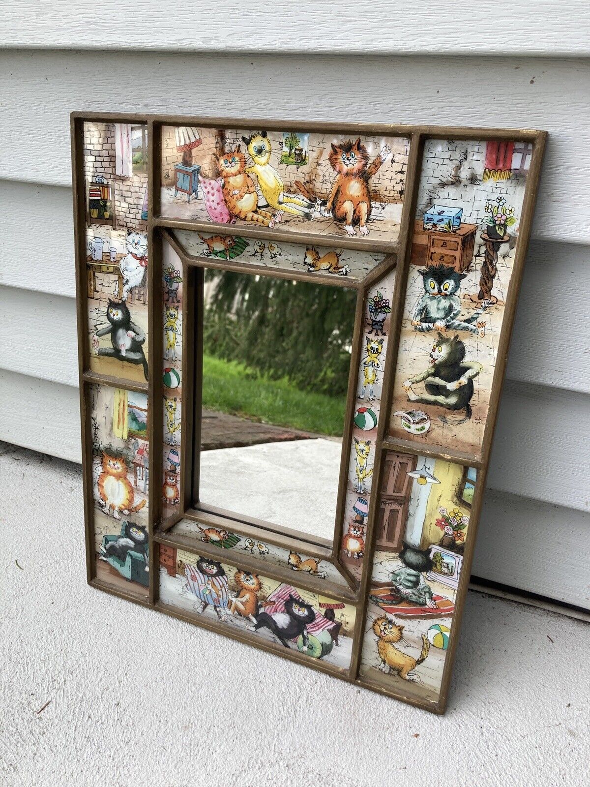 Reverse Painted Cat Mirror in wood frame, Made in Peru 16 In X 13 In, whimsical