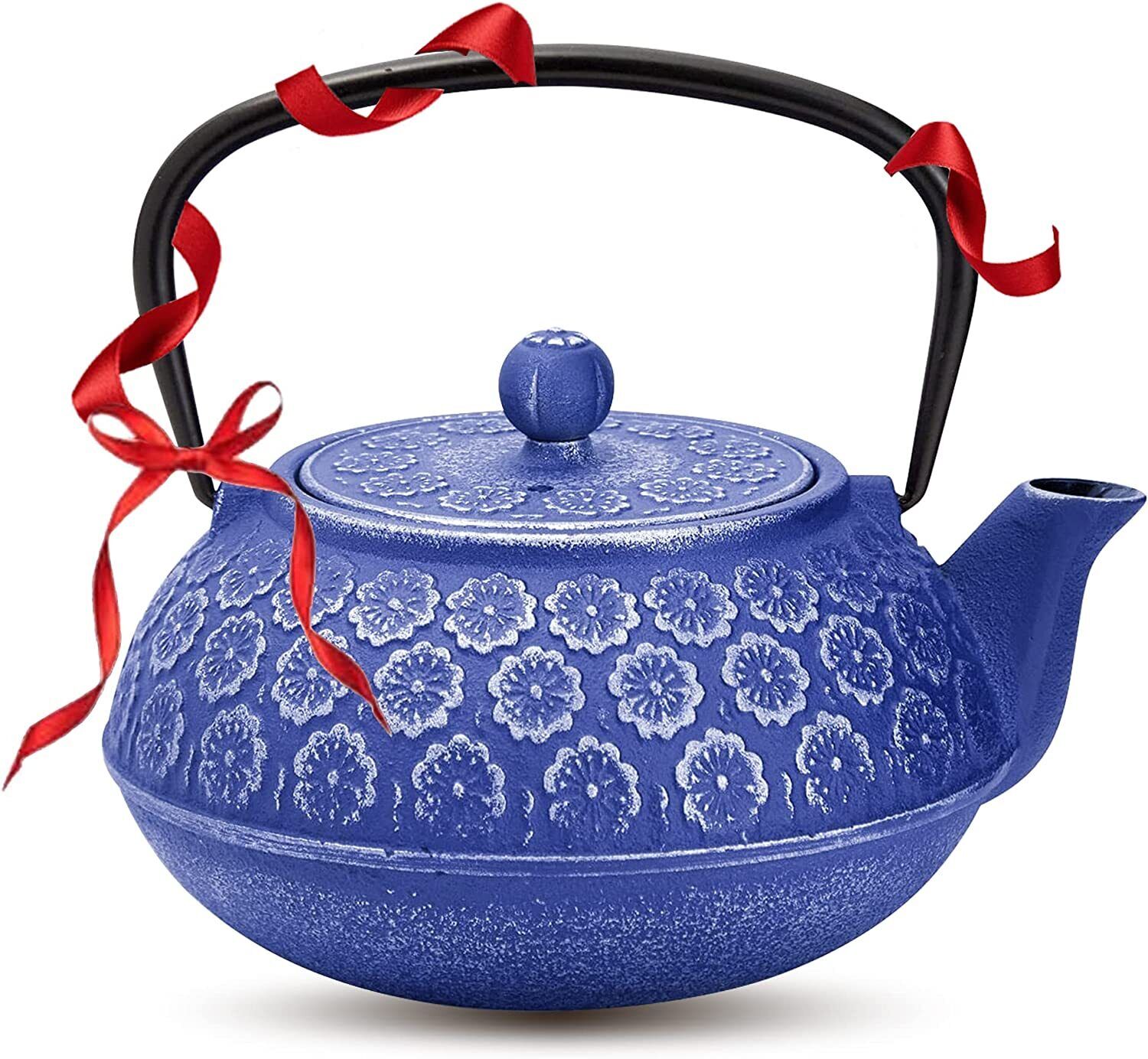 Japanese Cast Iron Tea Kettle Blue Pot with Stainless Steel Infuser 32 Oz / 1L