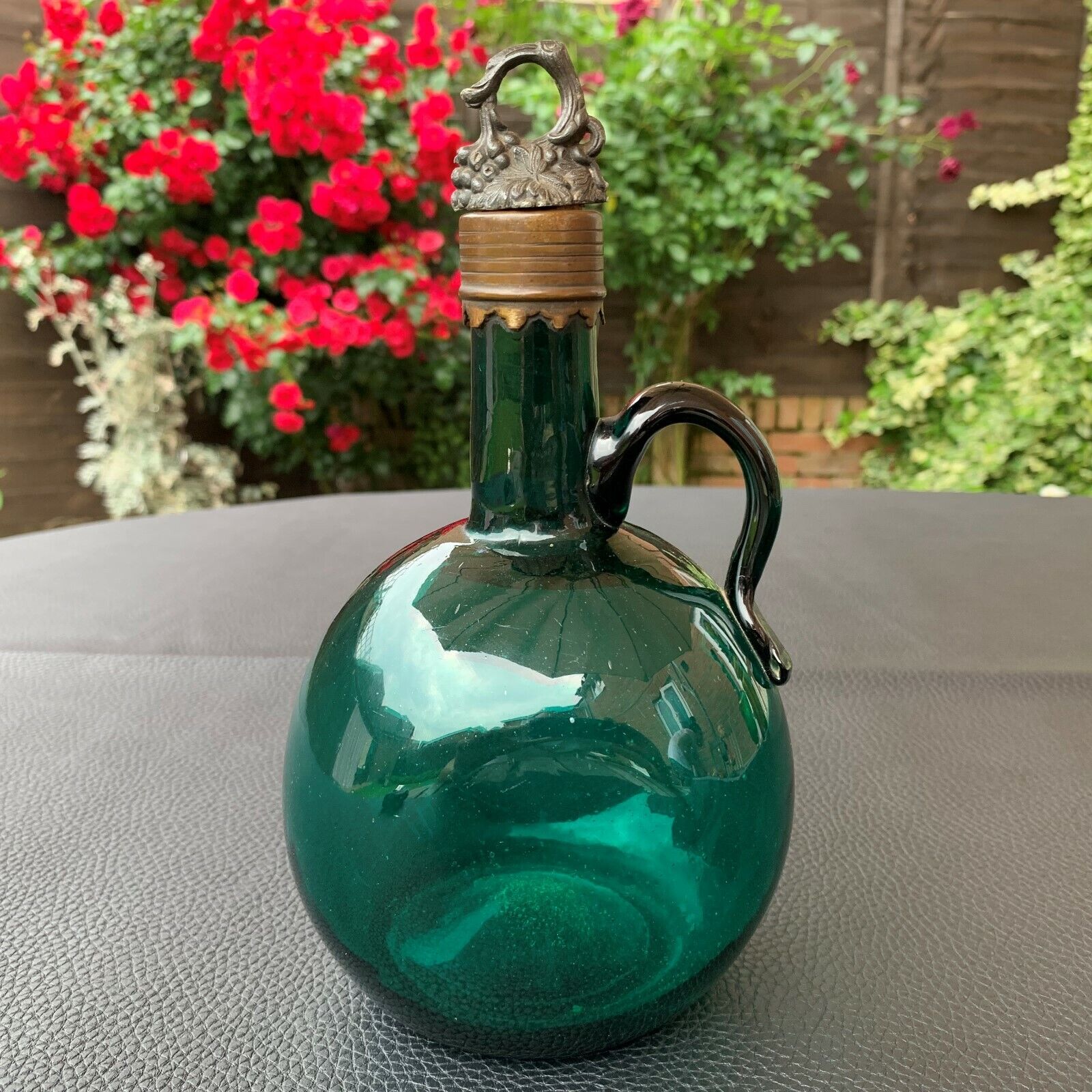 19th C. Dark Green Glass Flask Decanter Bronze Cork Lined Stopper English
