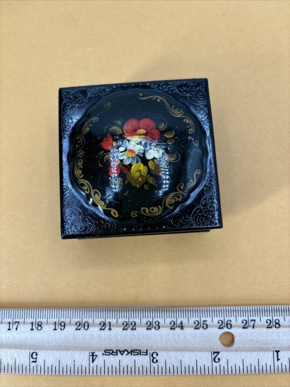 Signed Etched Vintage Russian Lacquer Hand Painted Square Trinket Box