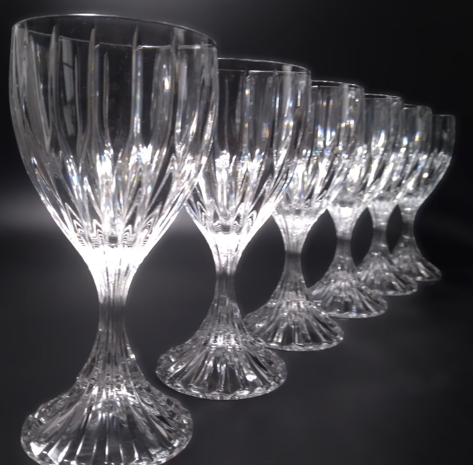 6 Mikasa PARK LANE Clear Crystal Wine Glasses Goblets Vertical Cuts Ribbed Stem