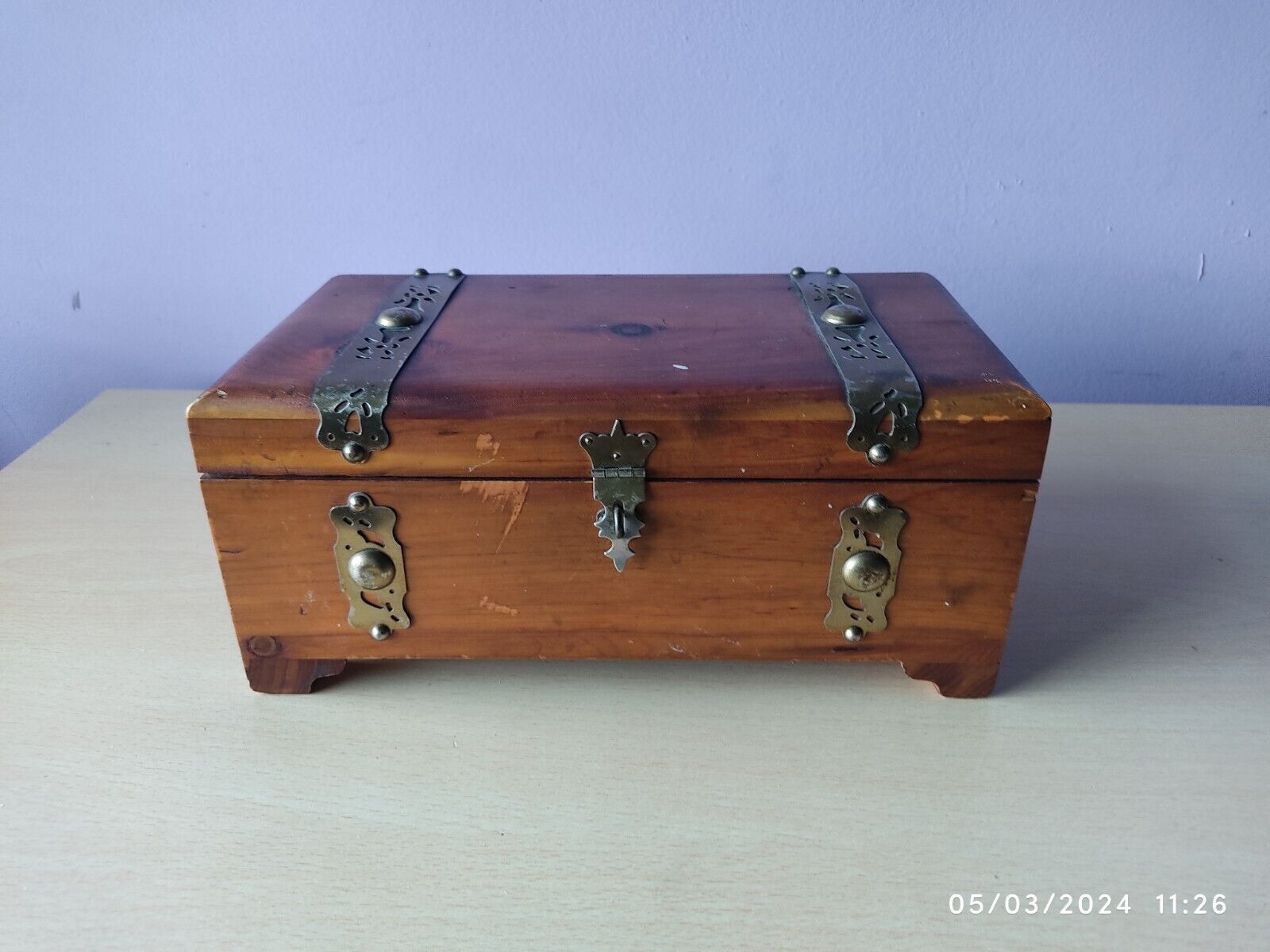 Vintage Cedar Footed Jewelry Box Brass Handles and Accents 10x5x4 in