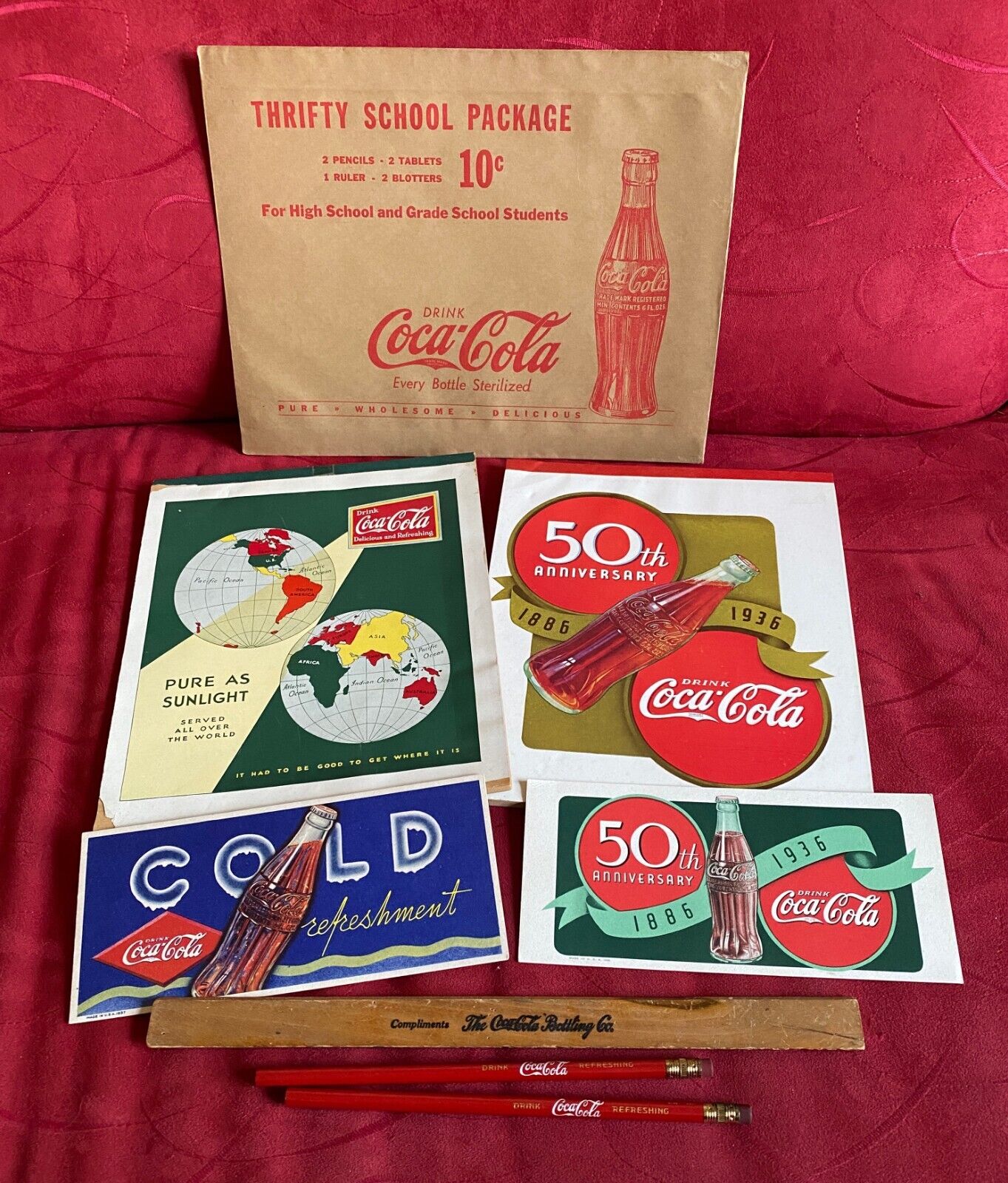 1930s Coca Cola School Package Tablets Ink Blotters Pencils Ruler Envelope Rare