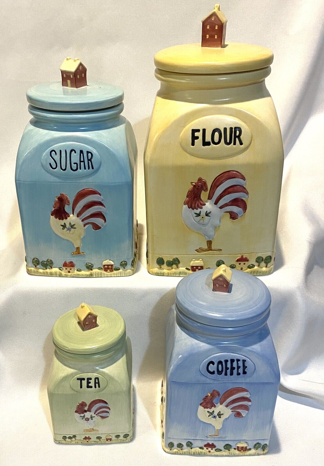 Vintage Russ Berrie & Co 4 Ceramic Farm Country Canister Set With Rooster