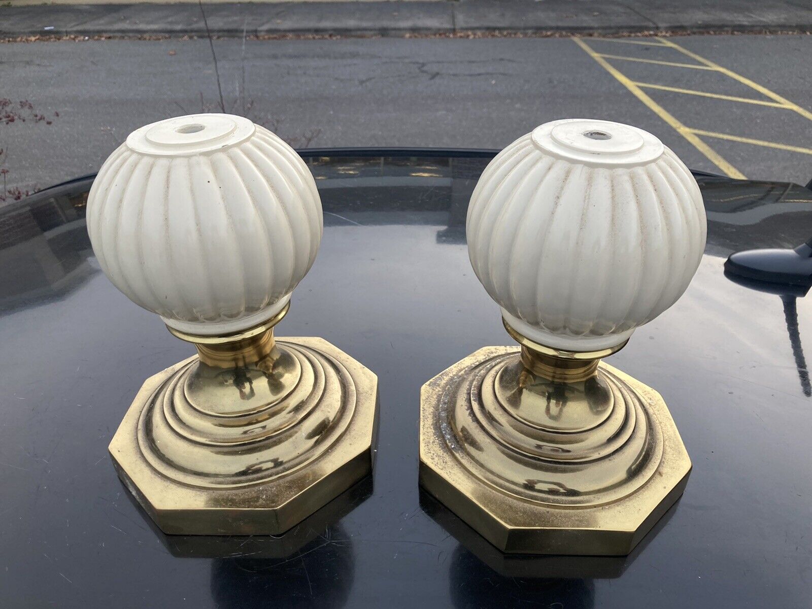 Pr. Large Heavy Cast Metal Brass Ball Ornaments Finials Bookends 10x8” Lamp Part