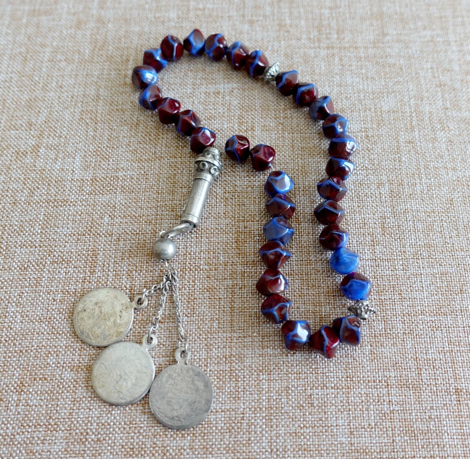 Vintage Muslim Islamic Prayer Beads 3 Coins 33 Red Blue Glass Beads