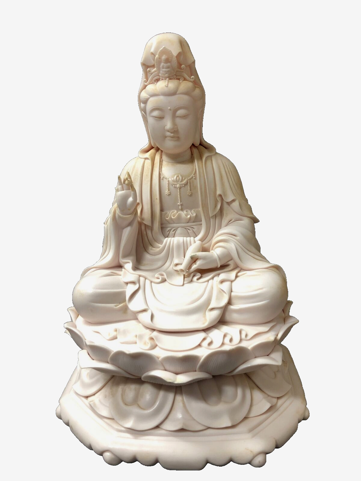 Vintage- Antique Large Size Ceramic ( Ivory Color ) Seated on Lotus Buddha H.16”