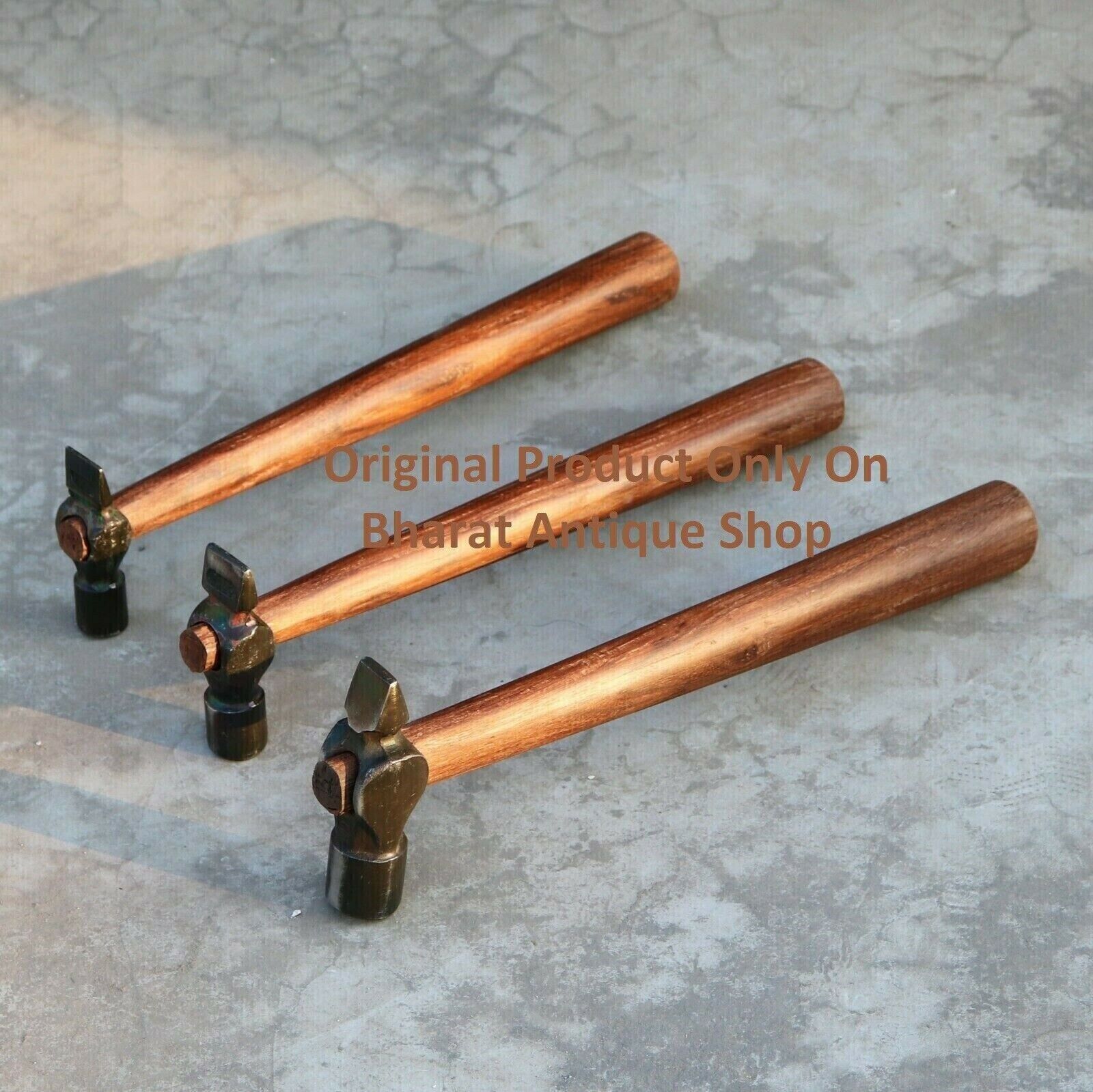 Set of 3 Black Iron Hammer Blacksmith Wooden Handle Collectible Tool