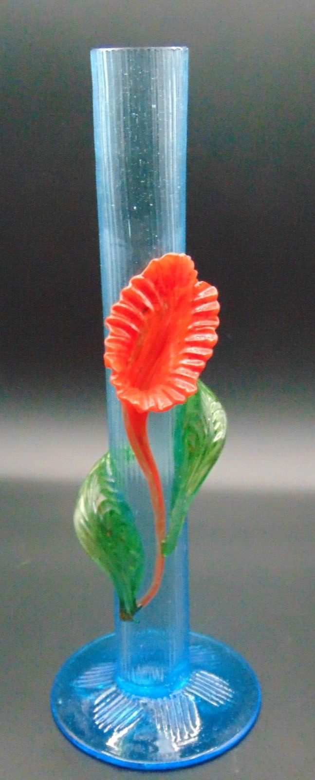 Loetz Bohemian Czech Blue & Applied Red Anthurium Flower Art Deco GlassVase