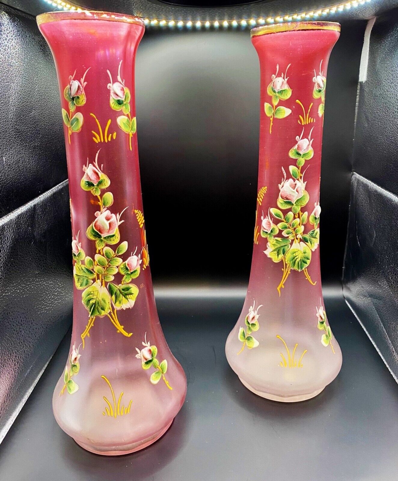 PAIR Antique 1900's Bohemian Czech Art Glass Cranberry Vase Enamel Flowers ~ EUC