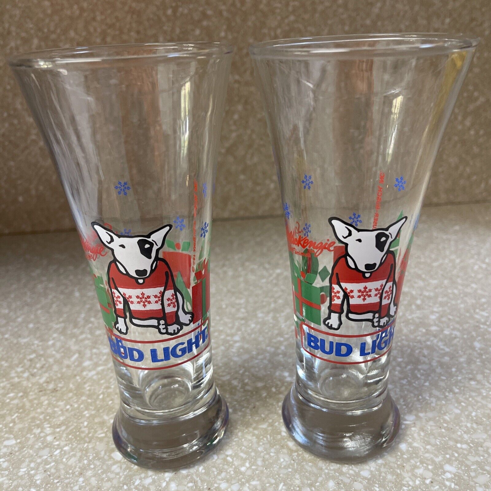 2-Bud Light: Spuds MacKenzie: 2 Christmas Pilsner Beer Glasses: 1987: EXC:NR