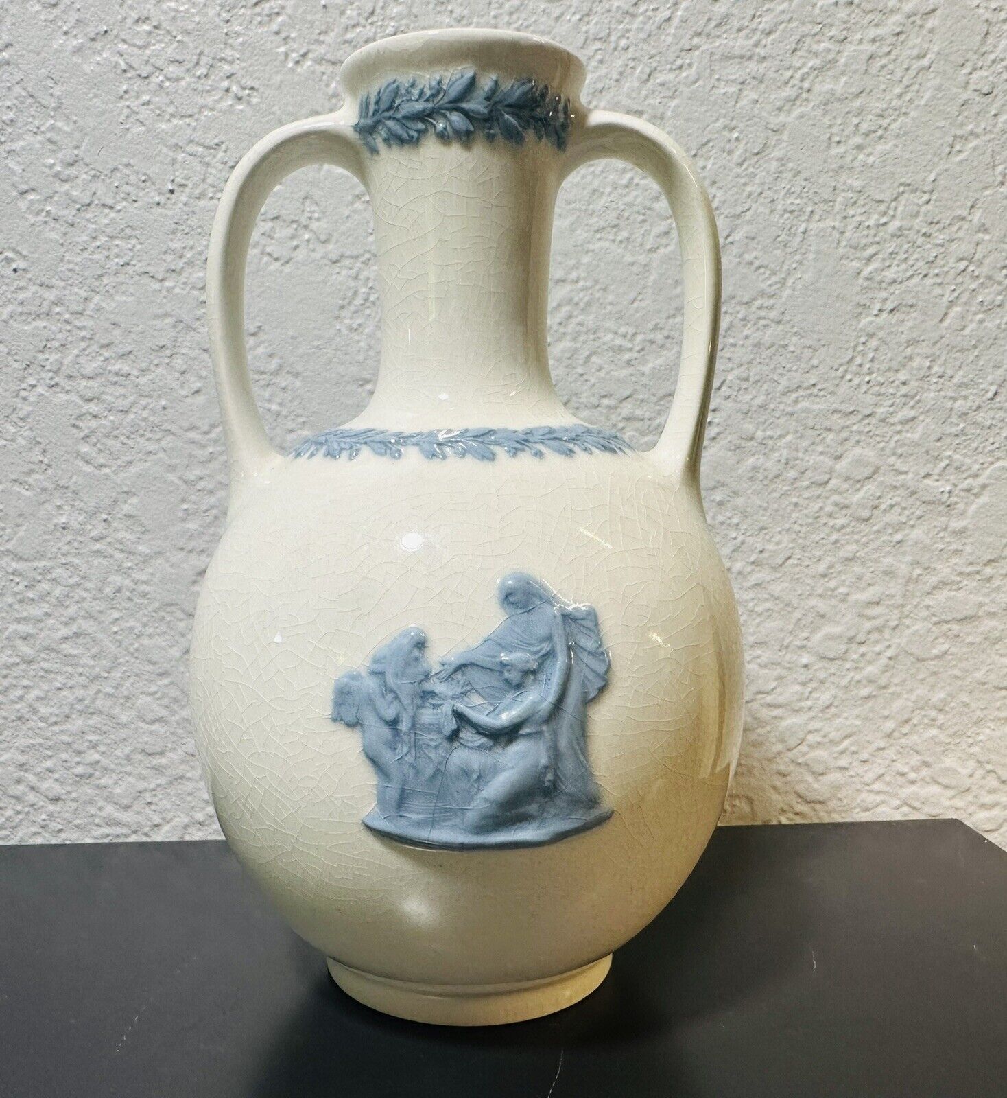 Vintage Wedgwood Blue Queensware Embossed Two Handled Vase