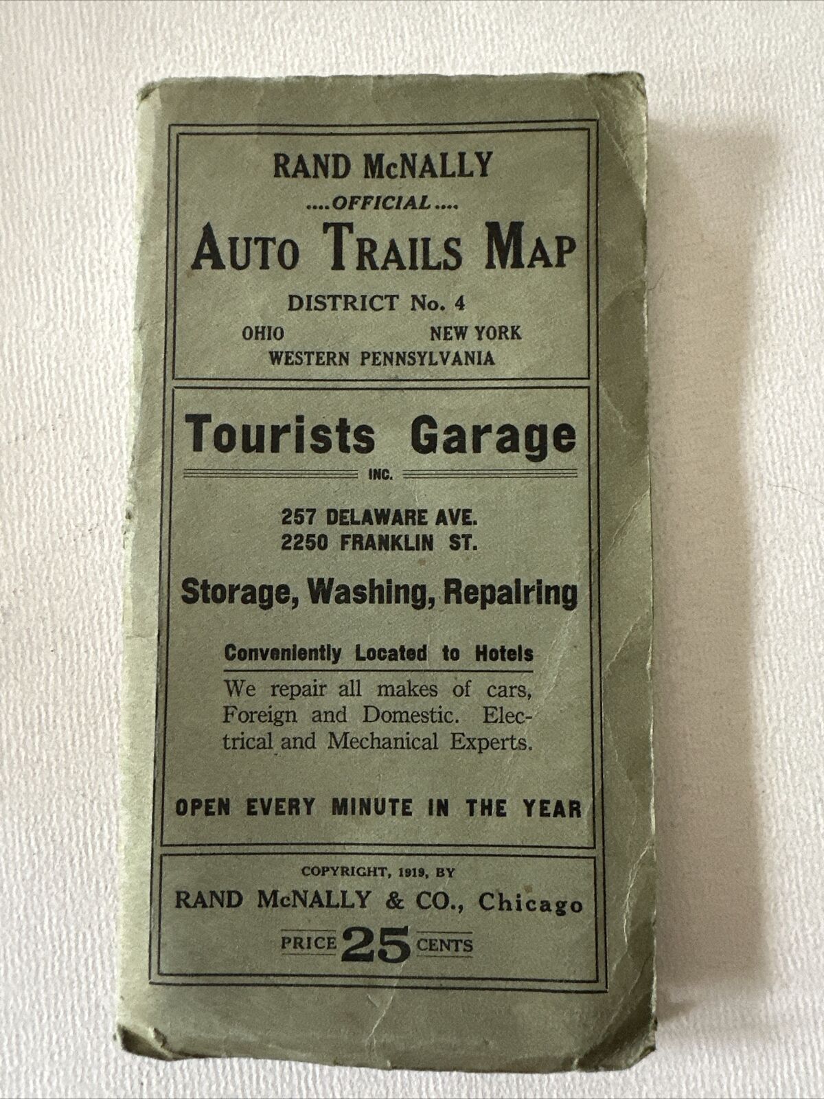 Antique 1919 Rand-McNally Auto Trail Map No 4  Tourists Garage Inc.