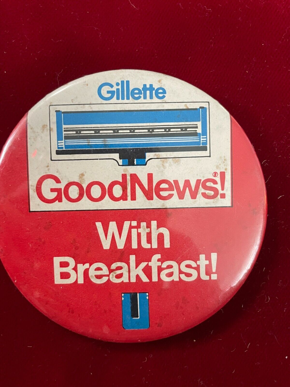 Gillette Good News With Breakfast Disposable Razor Shaver Vtg Promo Button 3\