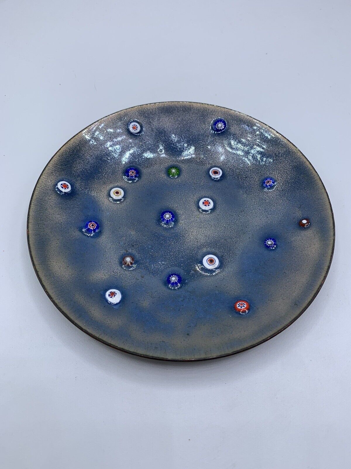 Enamel on Copper Dish With Millefiori, Abstract MCM Plate Trinket Dish.