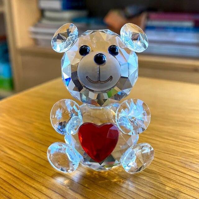 Figurine Animal Bear Love Heart Crystal Romantic Decor Multicolor Carved Small