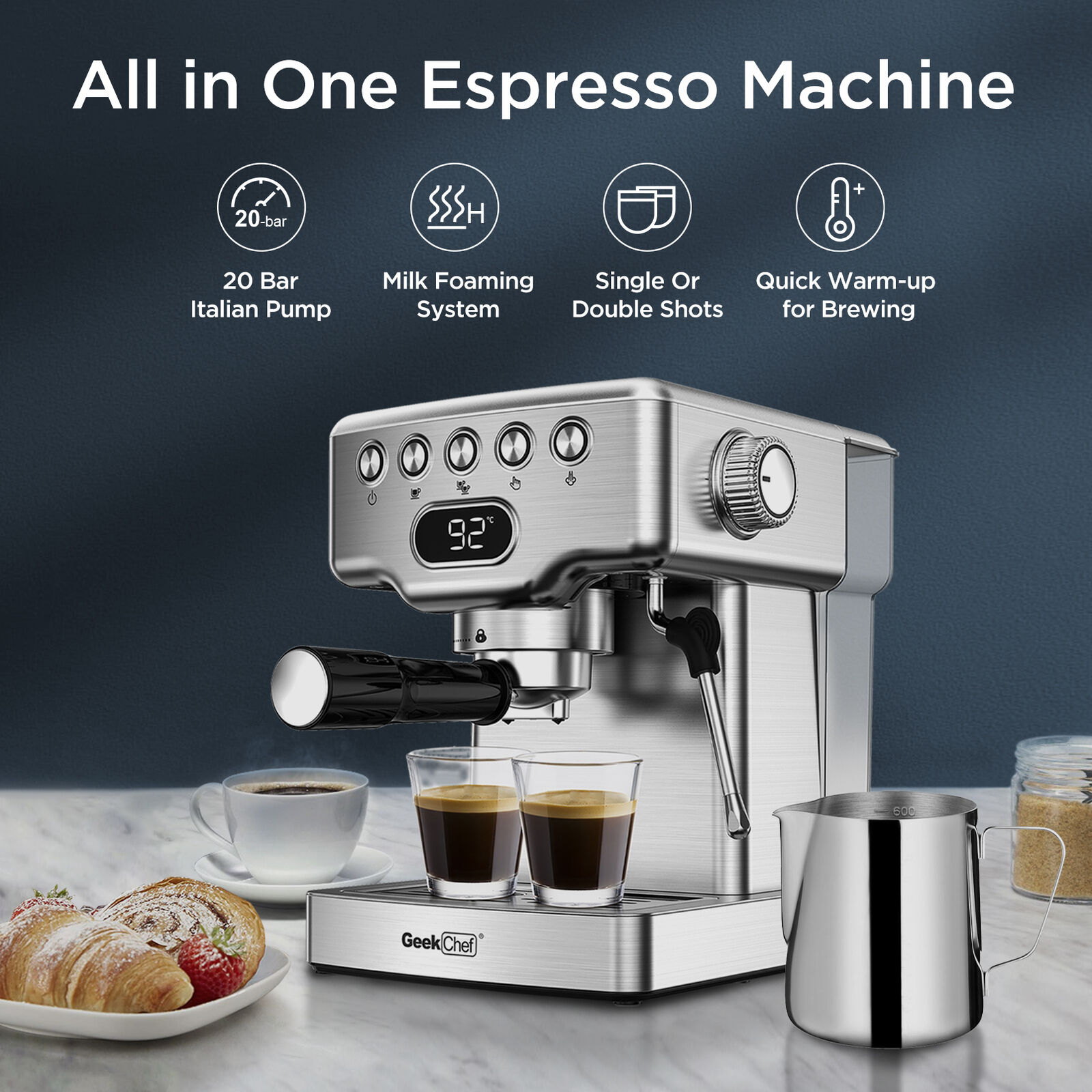 Stainless Steel Espresso Machine with Milk Frother Home 2-IN-1 Coffee Maker