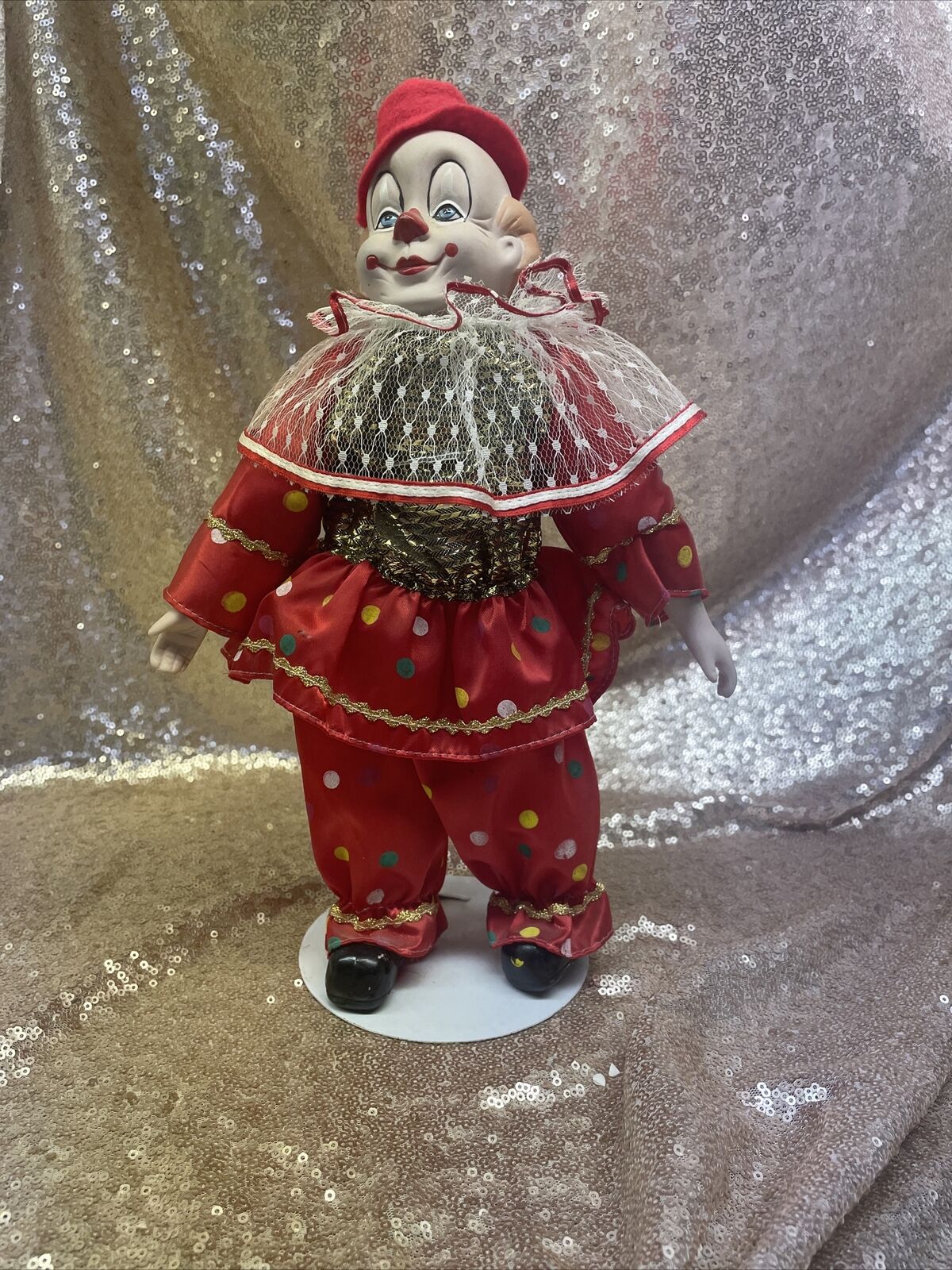 Red Clown on Pedestal Porcelain Head and Hands 13\