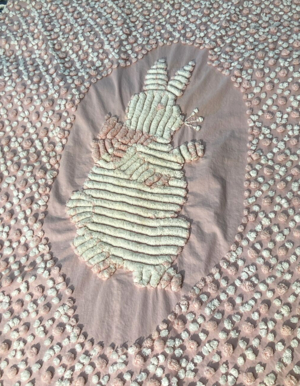 Vintage Chenille Coverlet Tablecloth Easter Bunny Pink Pom Pom Fringe 48W x 56L