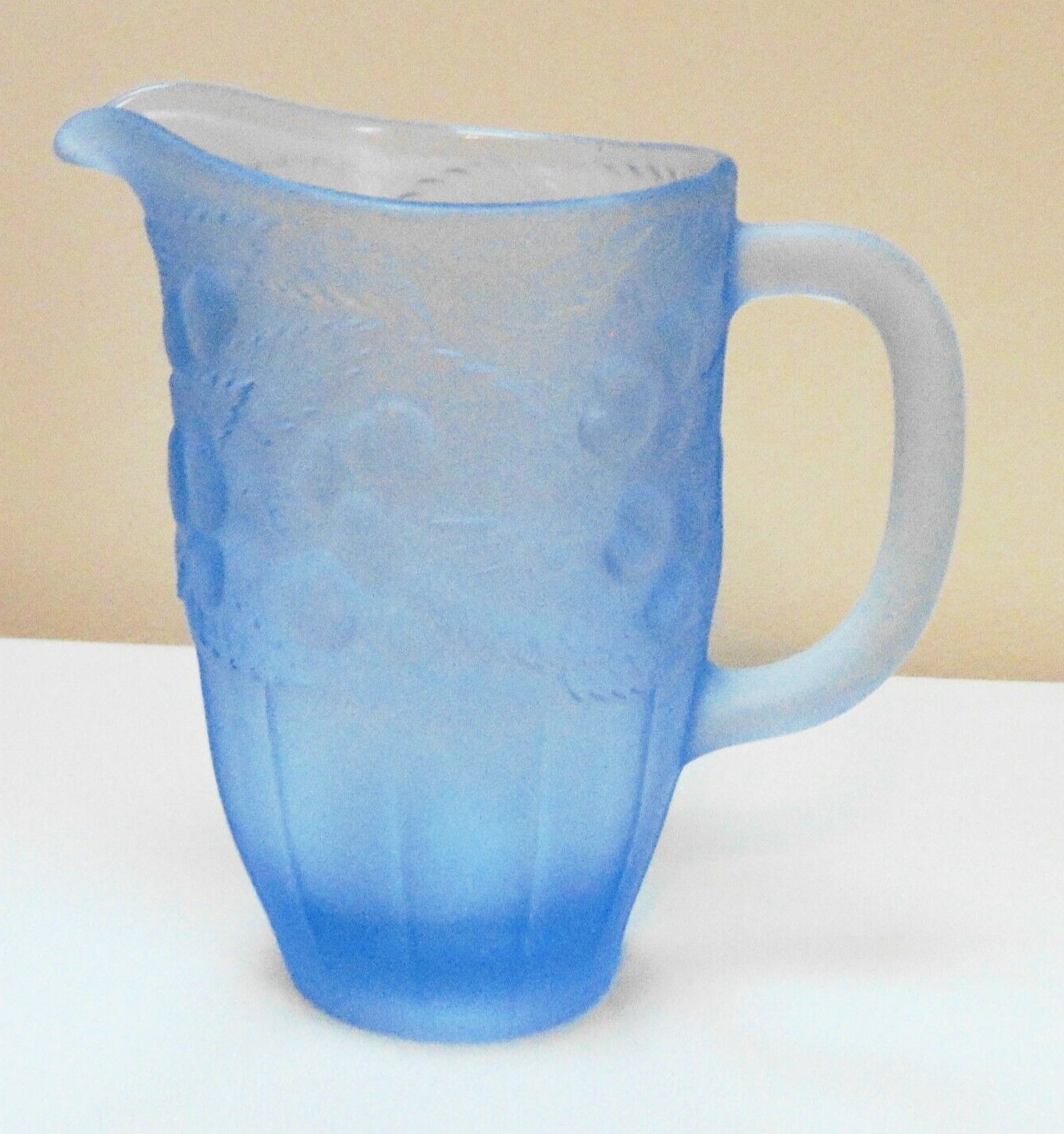 Vintage MCM Frosted Blue Glass Embossed Cherry Design Pitcher