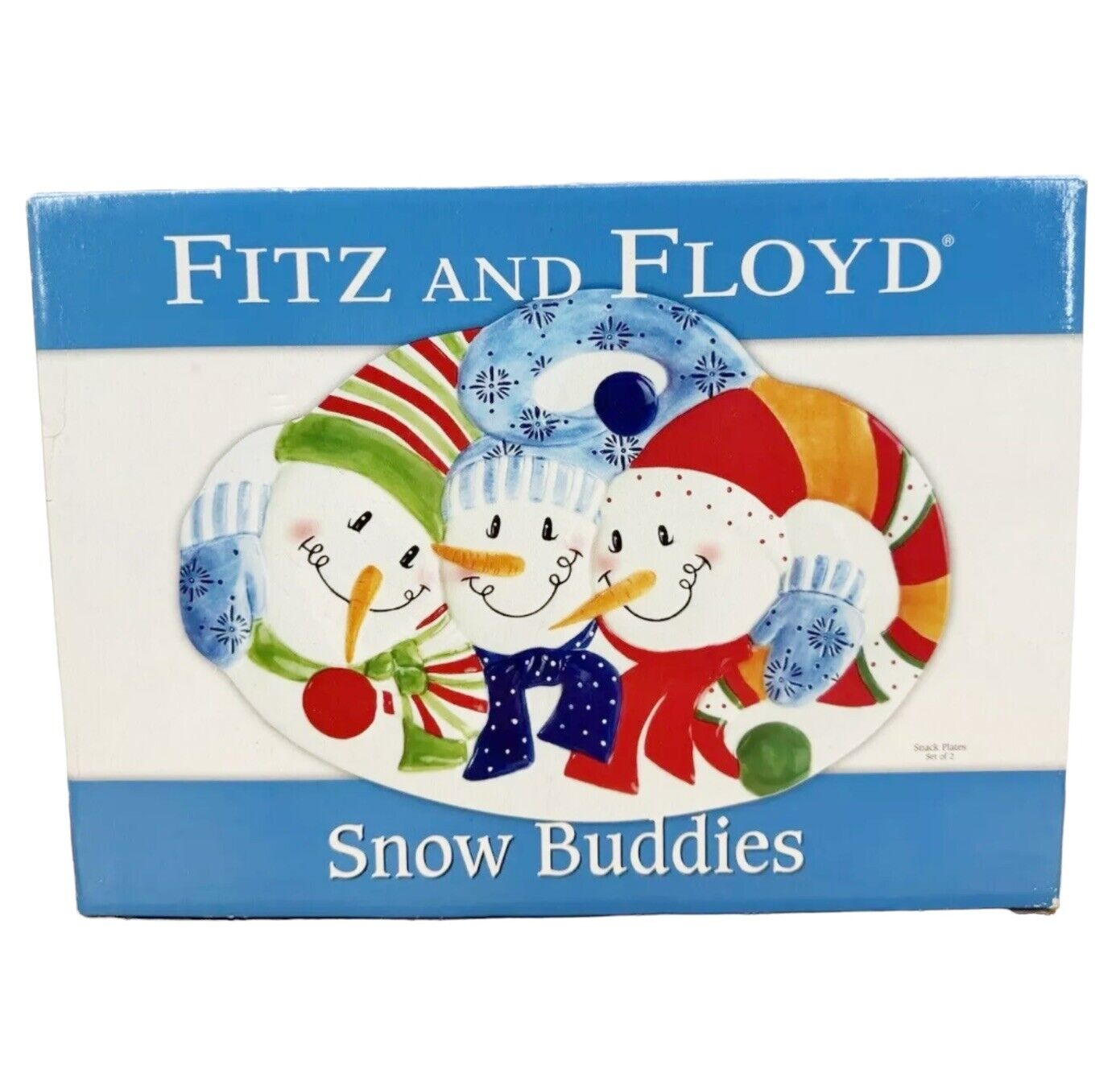 Fitz and Floyd Plate Set Snow Buddies 3-D  Snowman Christmas Hand Painted In Box