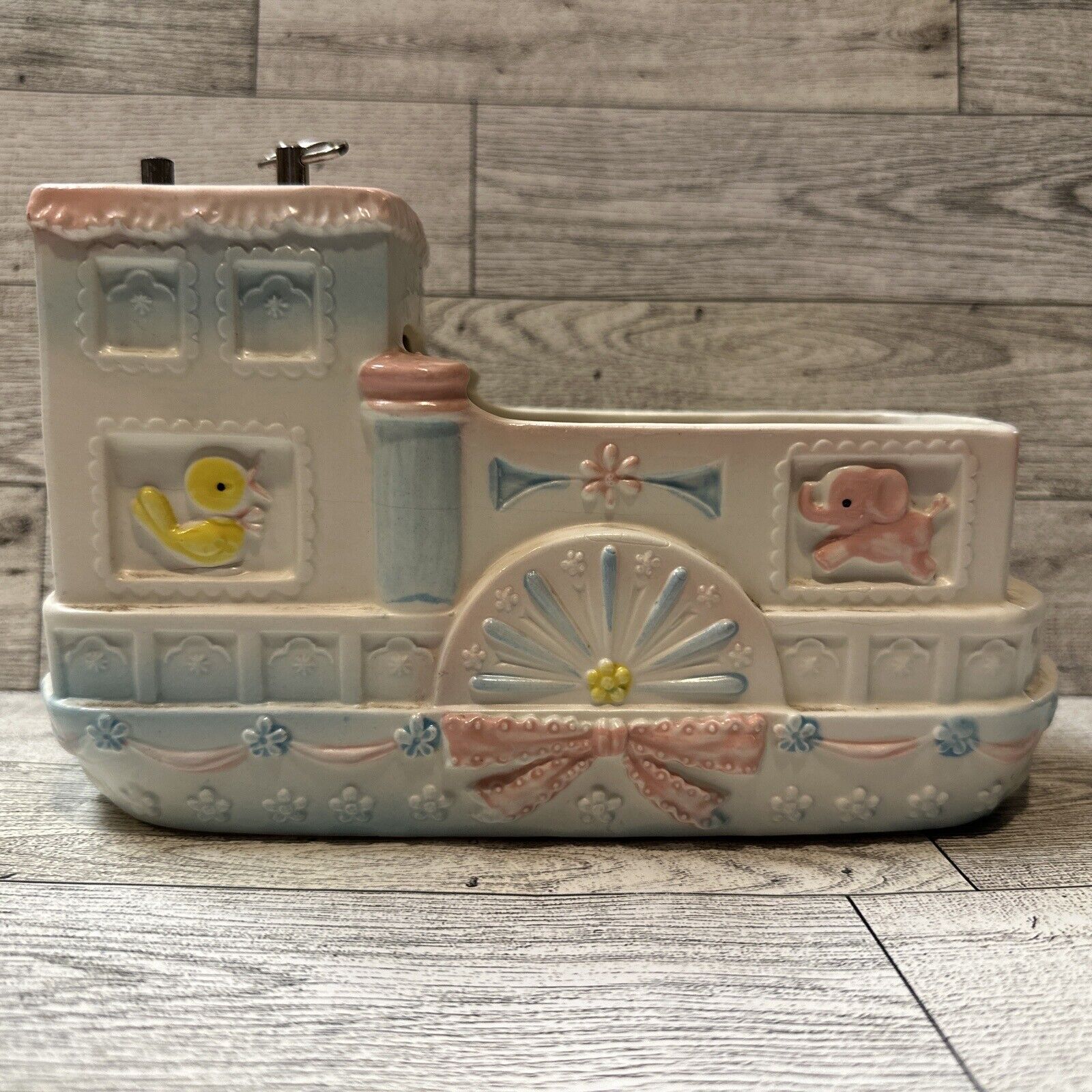 NATIONAL POTTERIES CO Steamboat Nursery Planter Musical 8x4.5x3” Japan Vintage
