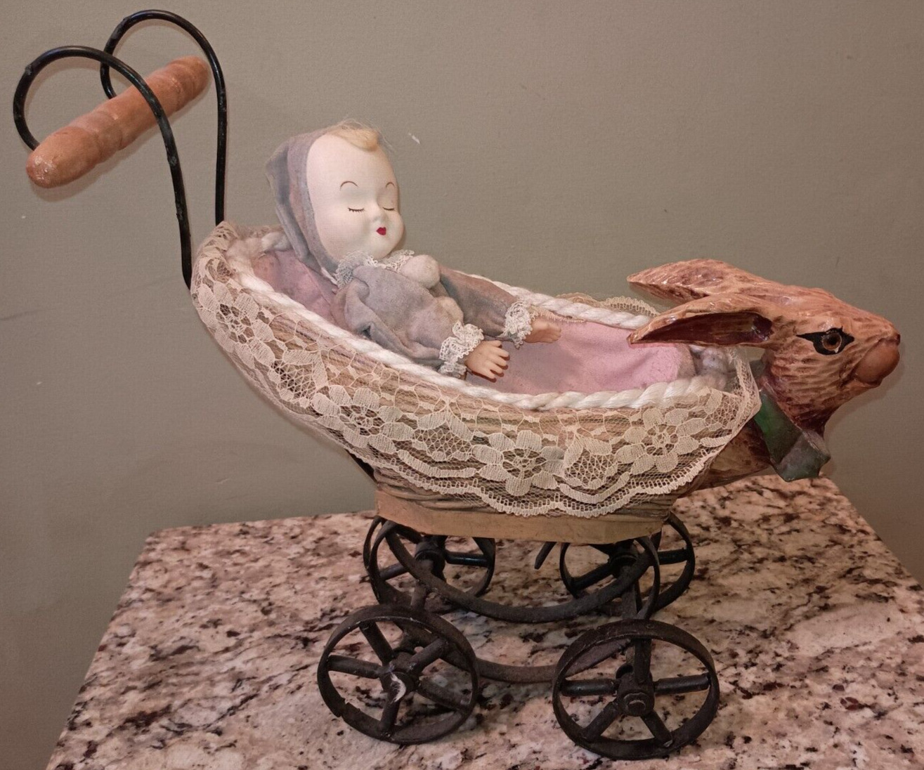Antique Vintage Doll Stroller/ Pram with Rabbit Head and Antique Doll 