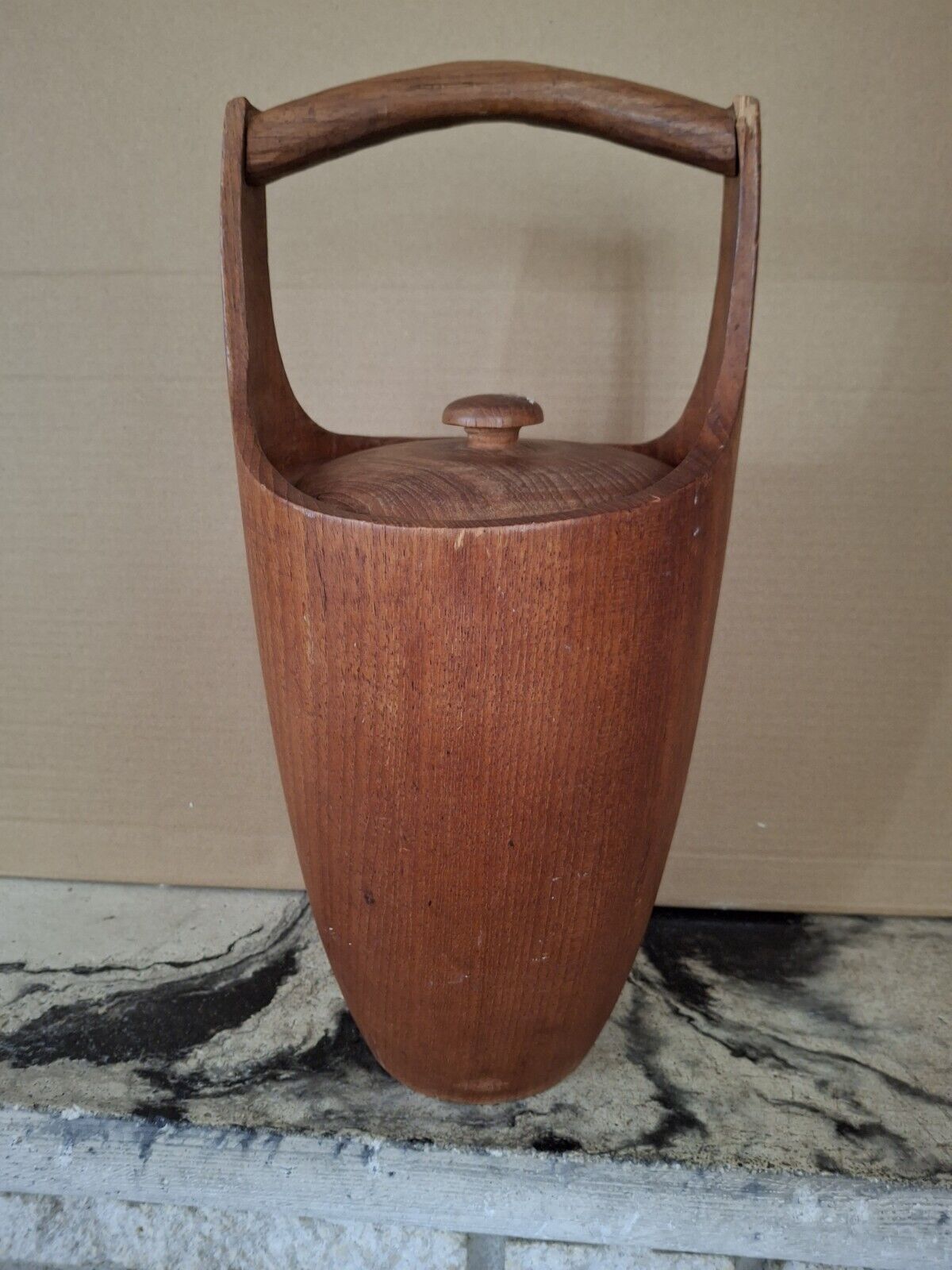 Vintage Danish Modern Teak Ice Bucket w/ Lid and Liner Turned Wood