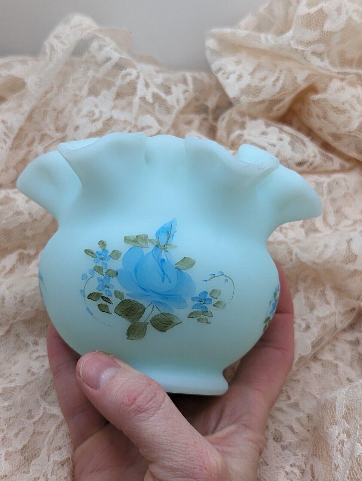 Vintage~ Fenton Satin Blue Ruffled Edge Round Vase~Handpainted Pam Felder 