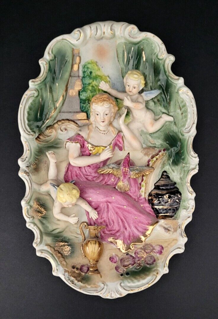 Bisque Porcelain Dimensional Victorian Lady w/Cherubs Wall Plaque Gold Accents