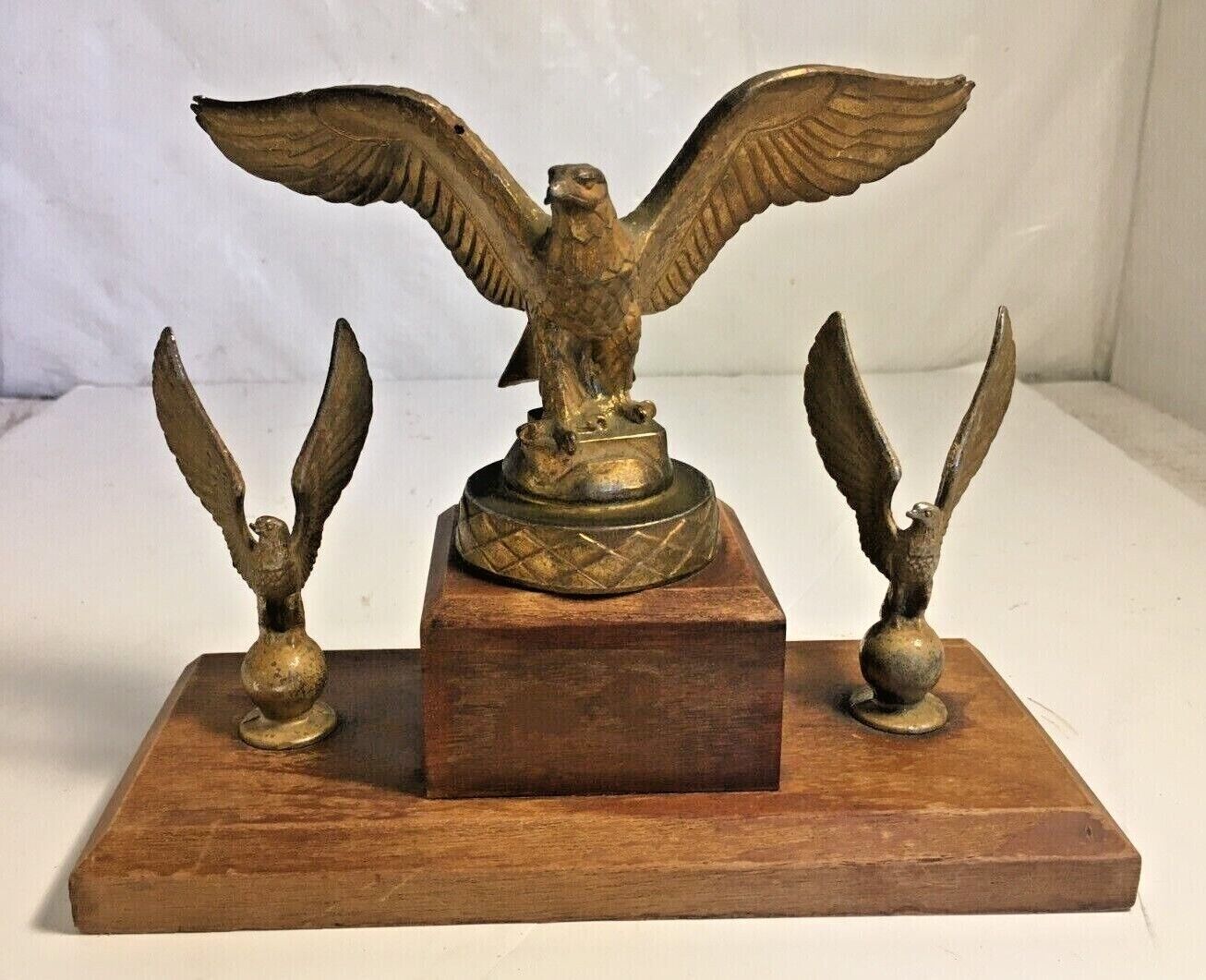 Vintage Triple Brass Eagle Figurine Desktop Display on Wooden Stand