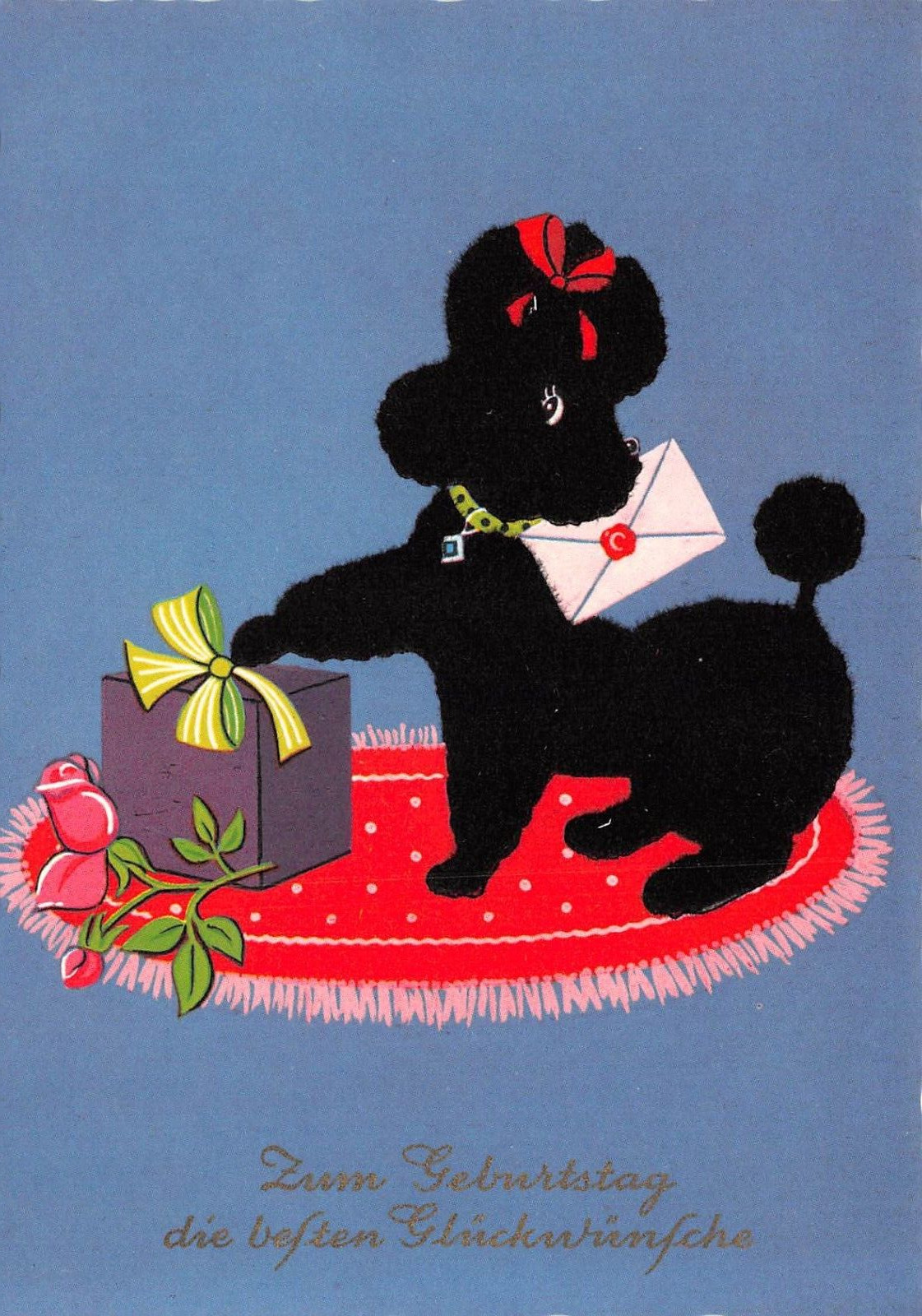 Black FELT Poodle CONGRATULATIONS die Besten Glückwünsche Vintage POSTCARD
