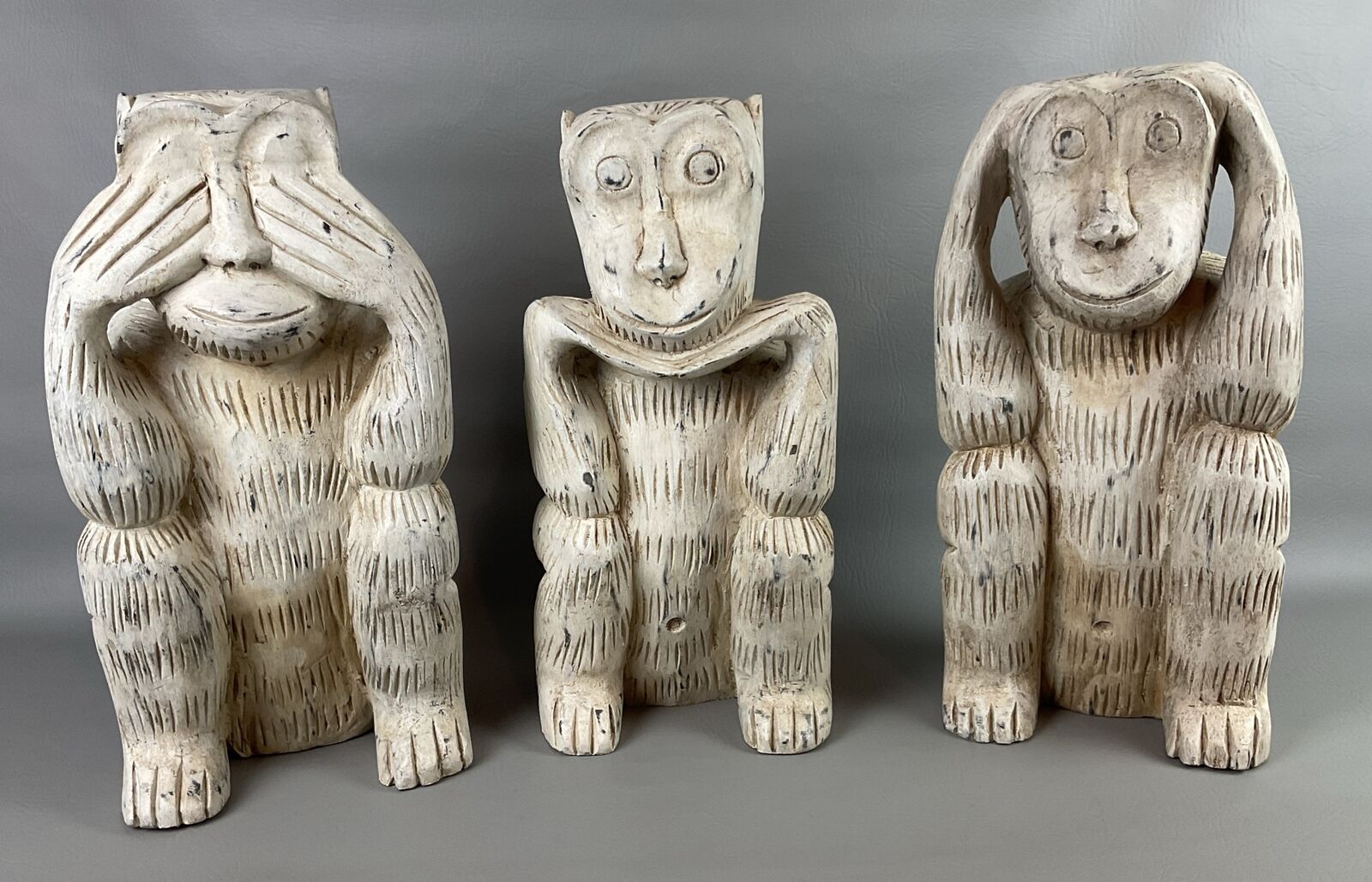 Mid Century Hand Carved Wood Wise Monkey Sculpture Set 15” Large