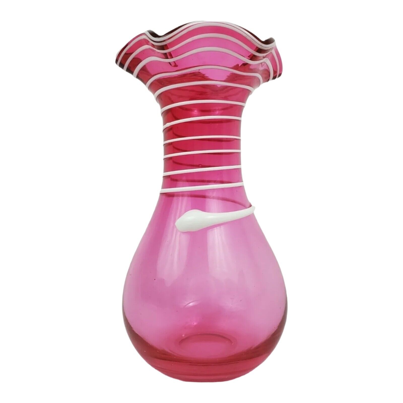 Vintage Cranberry Fenton Snake Vase Art Glass Ruffled Top Mid-Century