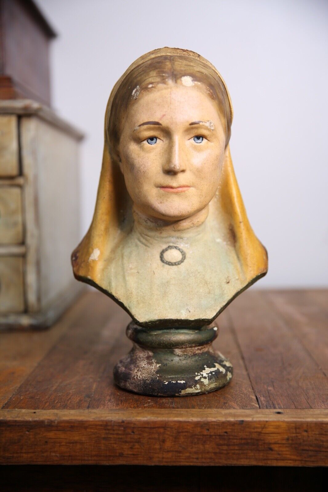 Vintage Antique Chalkware Head Bust Counter Display Religious woman statue old