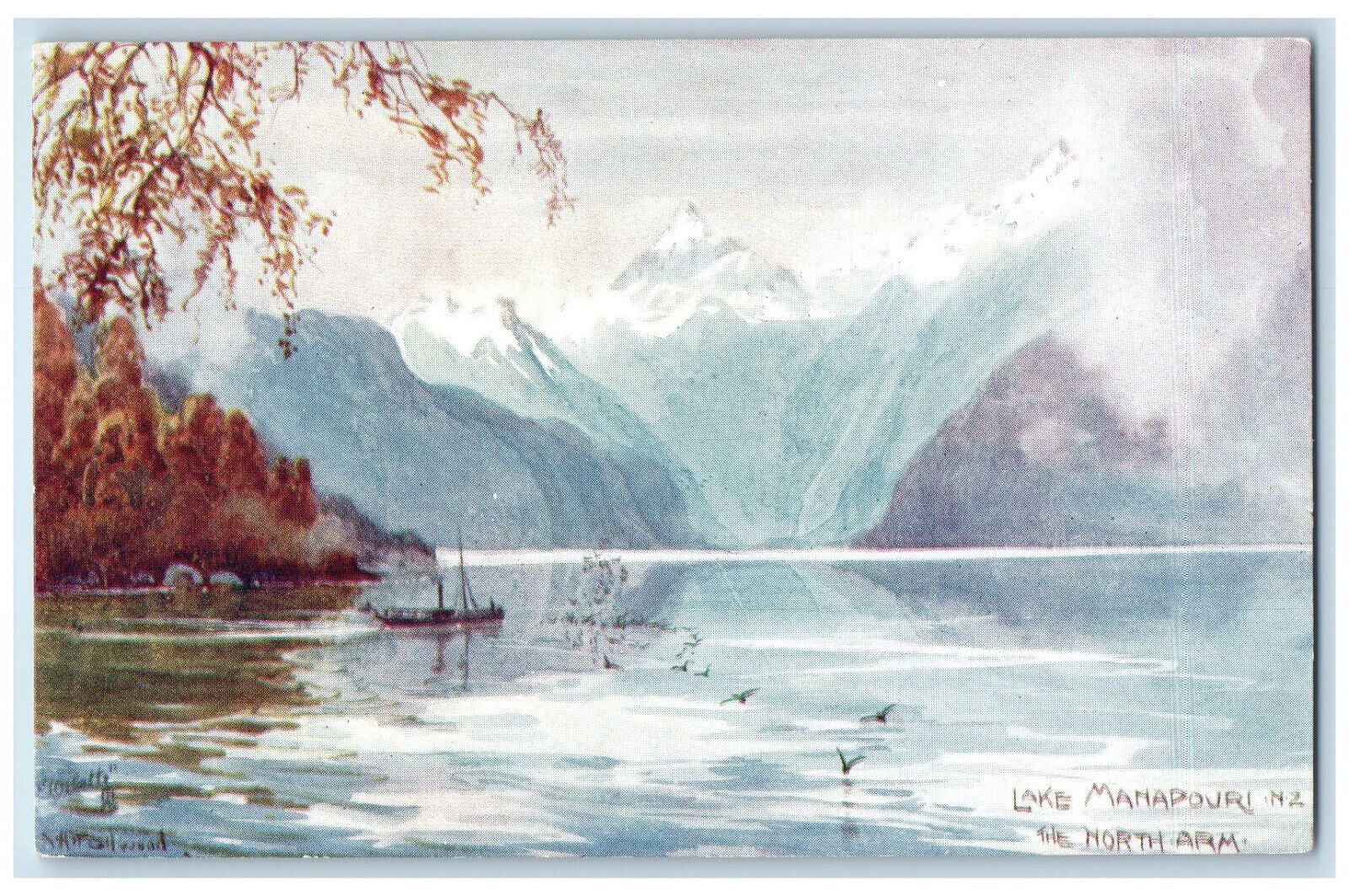 c1910 Lake Manapouri New Zealand The North Arm Oilette Tuck Art Postcard