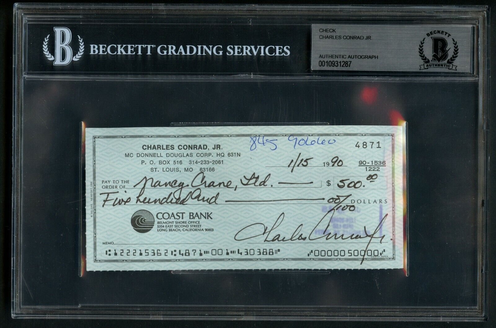 Charles Pete Conrad d. 1999 signed autograph Check Astronaut Beckett BAS Slabbed