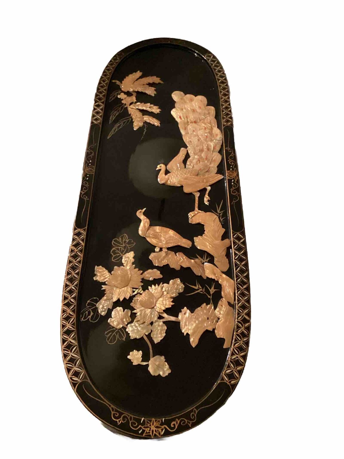 Vintage Japanese Black Peacock & Floral Panel Design Made From Shell