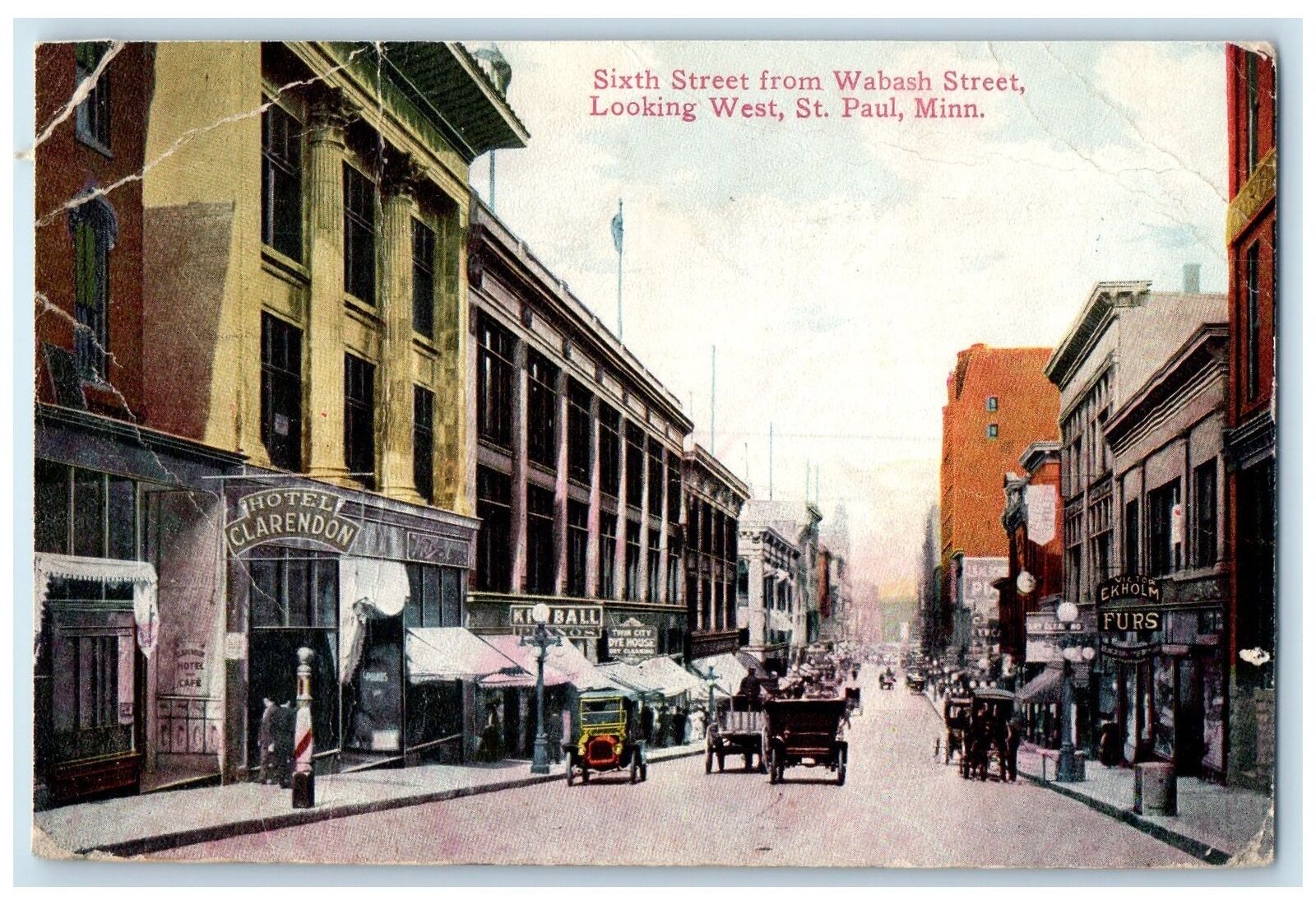 1912 Sixth Street View From Wabash Street Looking West St. Paul MN Cars Postcard