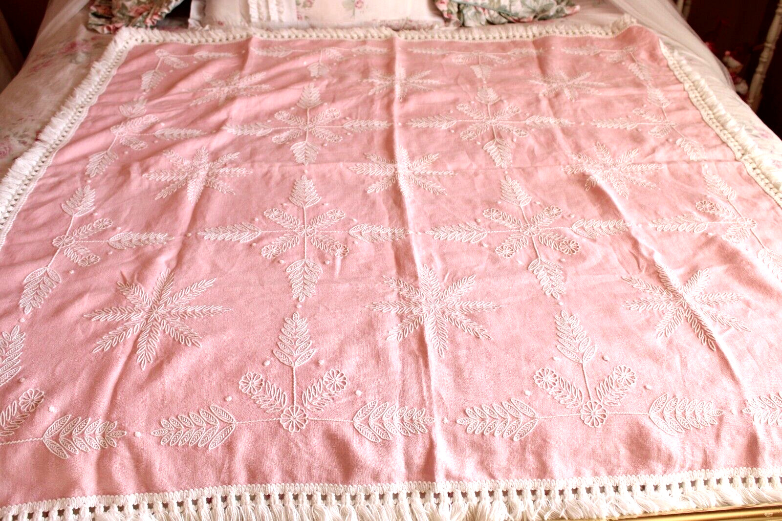 Vintage Shabby Cottage Chic Pink Cotton Tablecloth Embroidered Designs 48 x 48