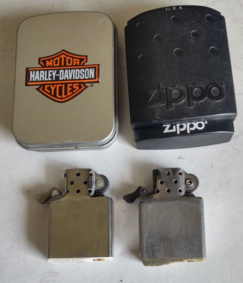 Vtg Zippo Items , 2 Inserts one early  , 2 Empty Boxes 1 is harley Tin