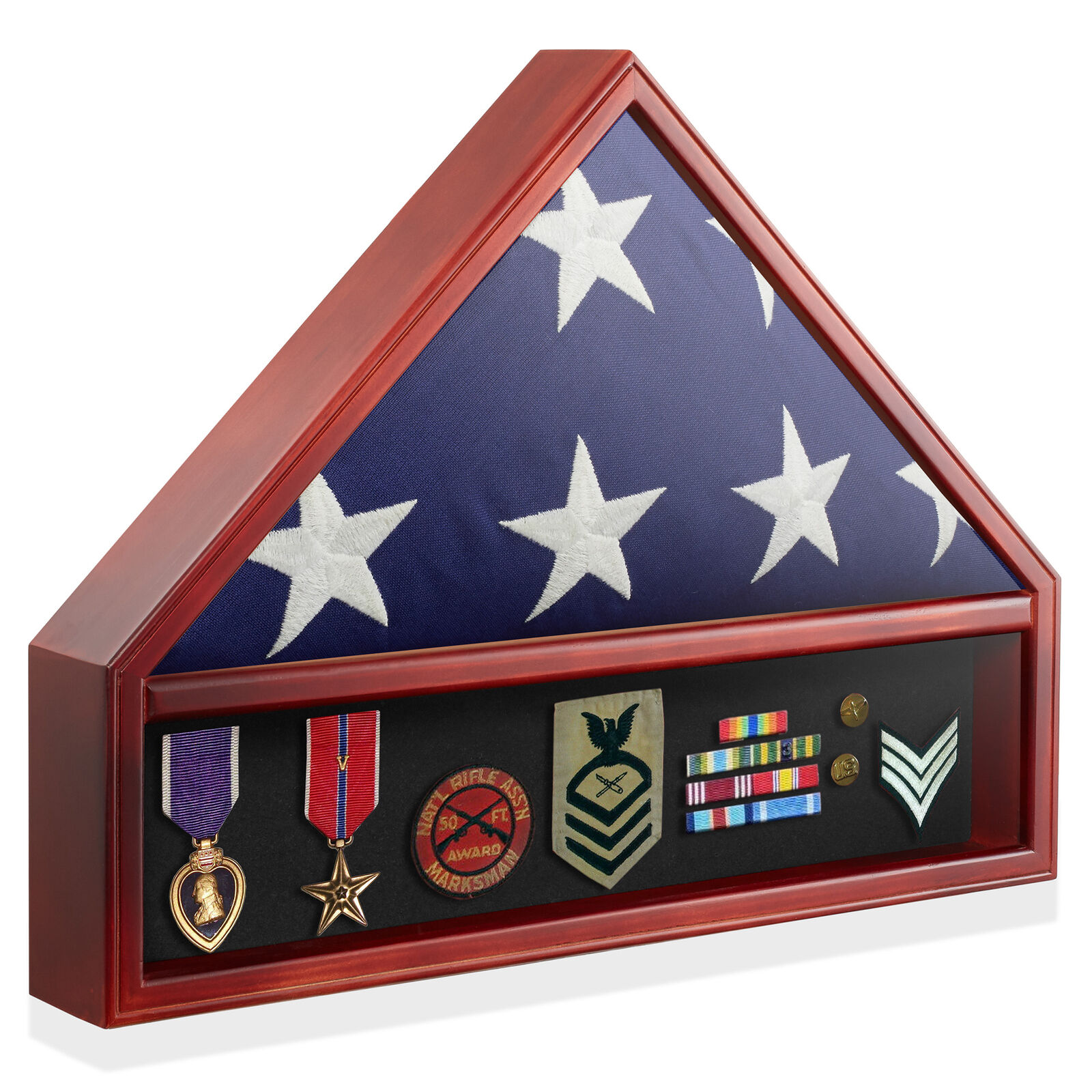 Military Burial Flag and Medal Shadow Box Display Case, Mahogany
