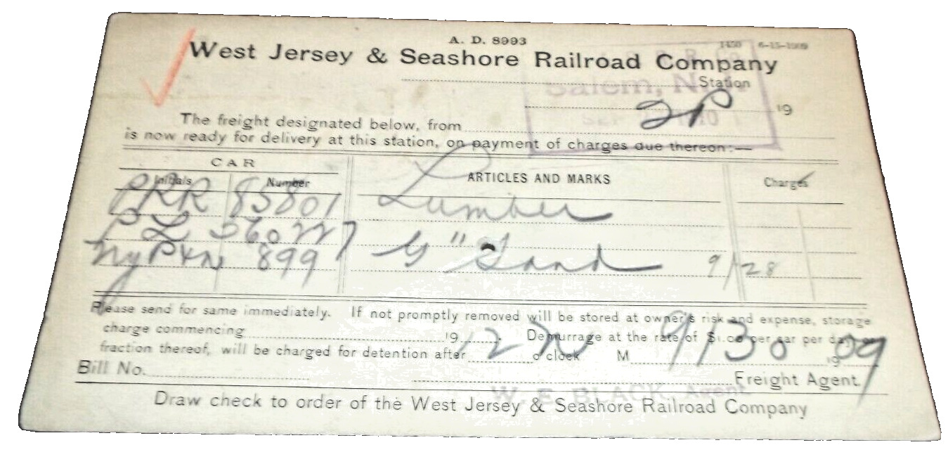 1909 WEST JERSEY & SEASHORE RAILROAD PRR WOODBURY & SALEM NJ RPO POST CARD