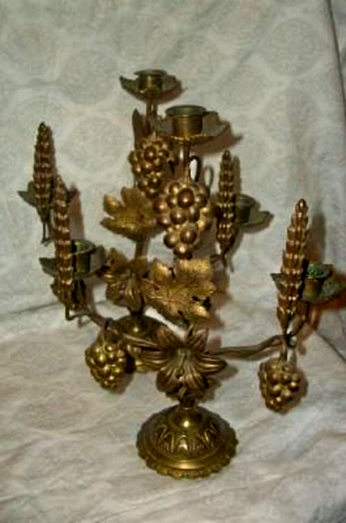 ANTIQUE FRENCH BRONZE ALTAR CANDELABRAS FLOWERS WHEAT GRAPES 1880s PAIR FRANCE