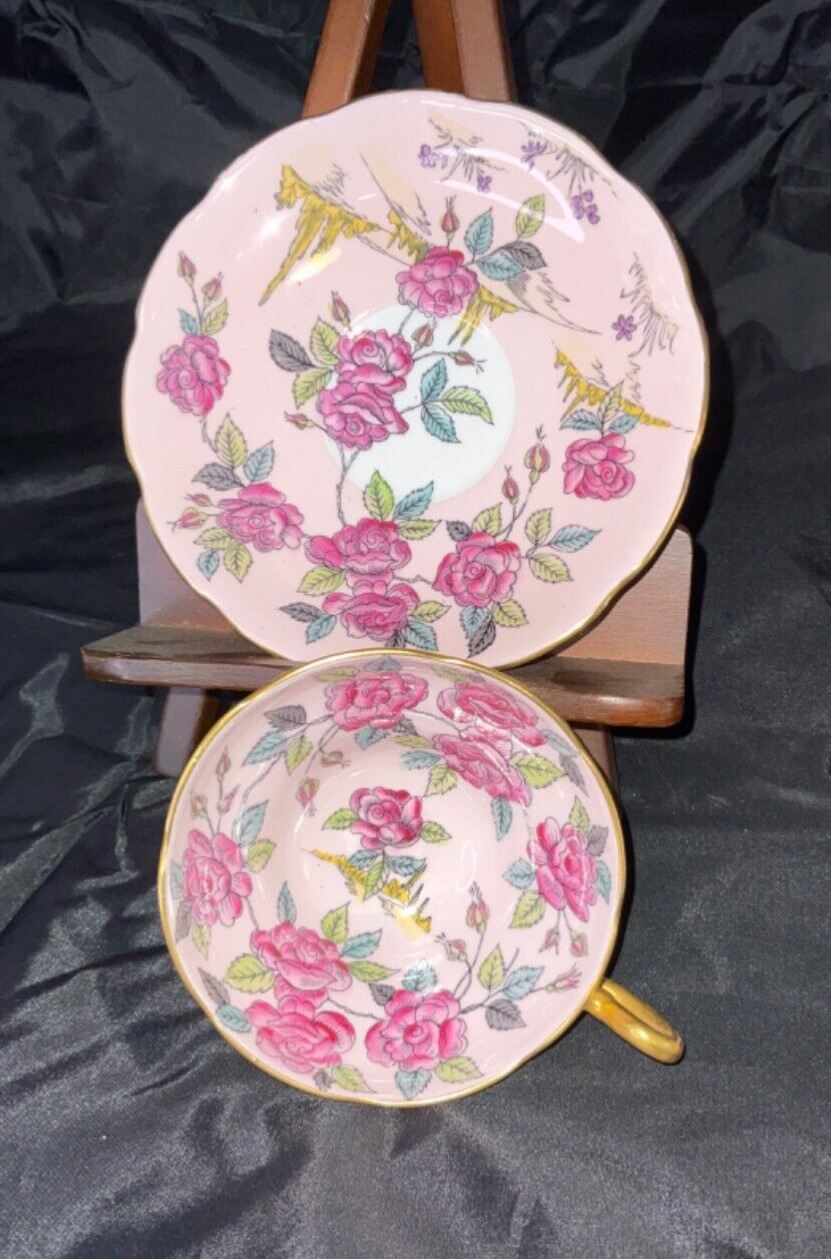 Taylor and Kent Longton China Teacup and Saucer  Cabbage Rose on pink