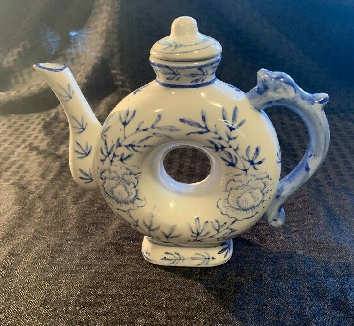 Unique Vintage Blue and White Donut Shaped Teapot Made in China Beautiful