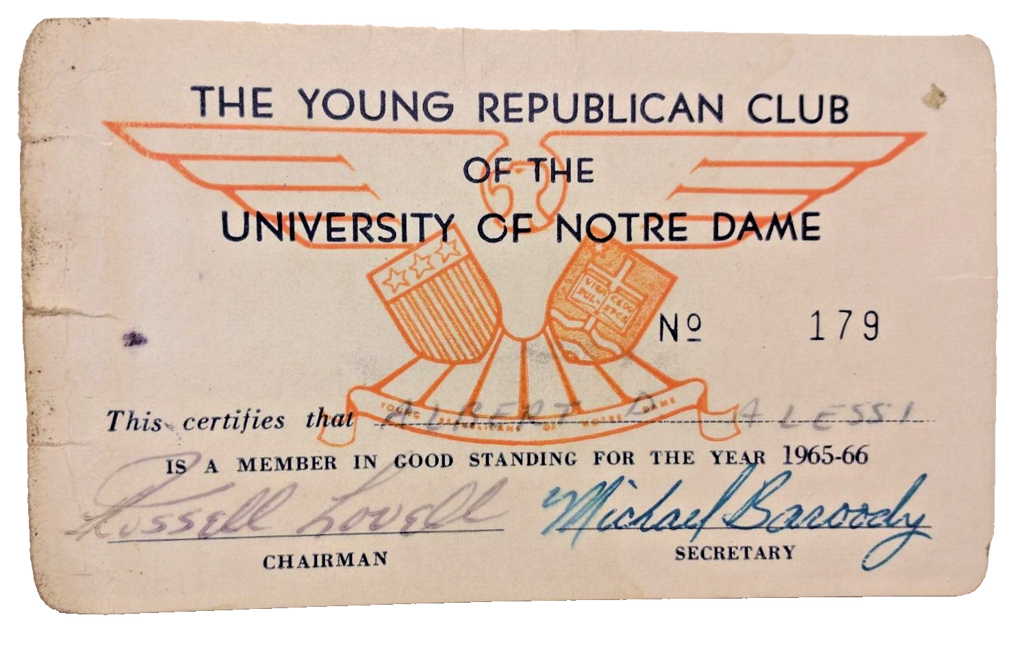 Rare 1965-66 University of Notre Dame Young Republican Club Membership Card